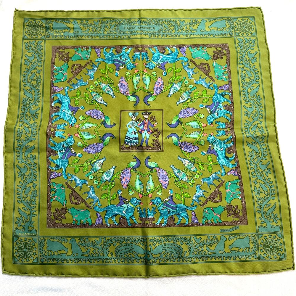 Pristine Hermes Paris "Early America" 100% Silk Vintage Pocket Square c1979